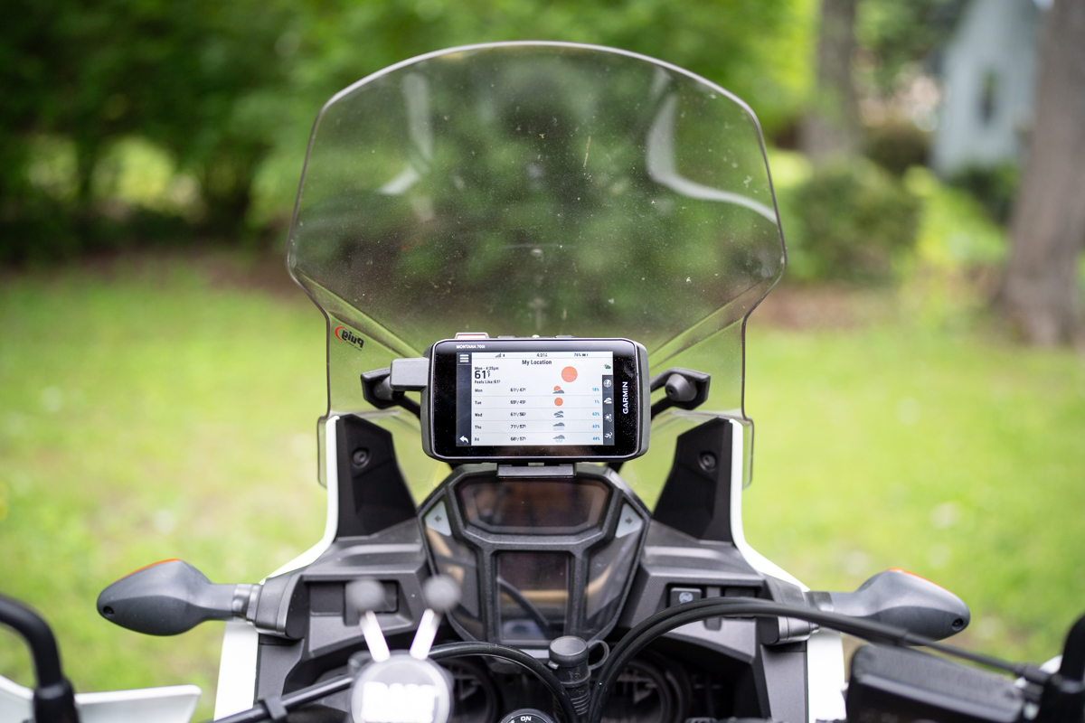 Garmin's Montana 700i showing the weather on a motorcycle trip