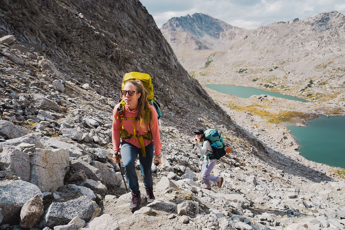 A woman backpacking in Wyoming with the La Sportiva TX4 Mid shoes