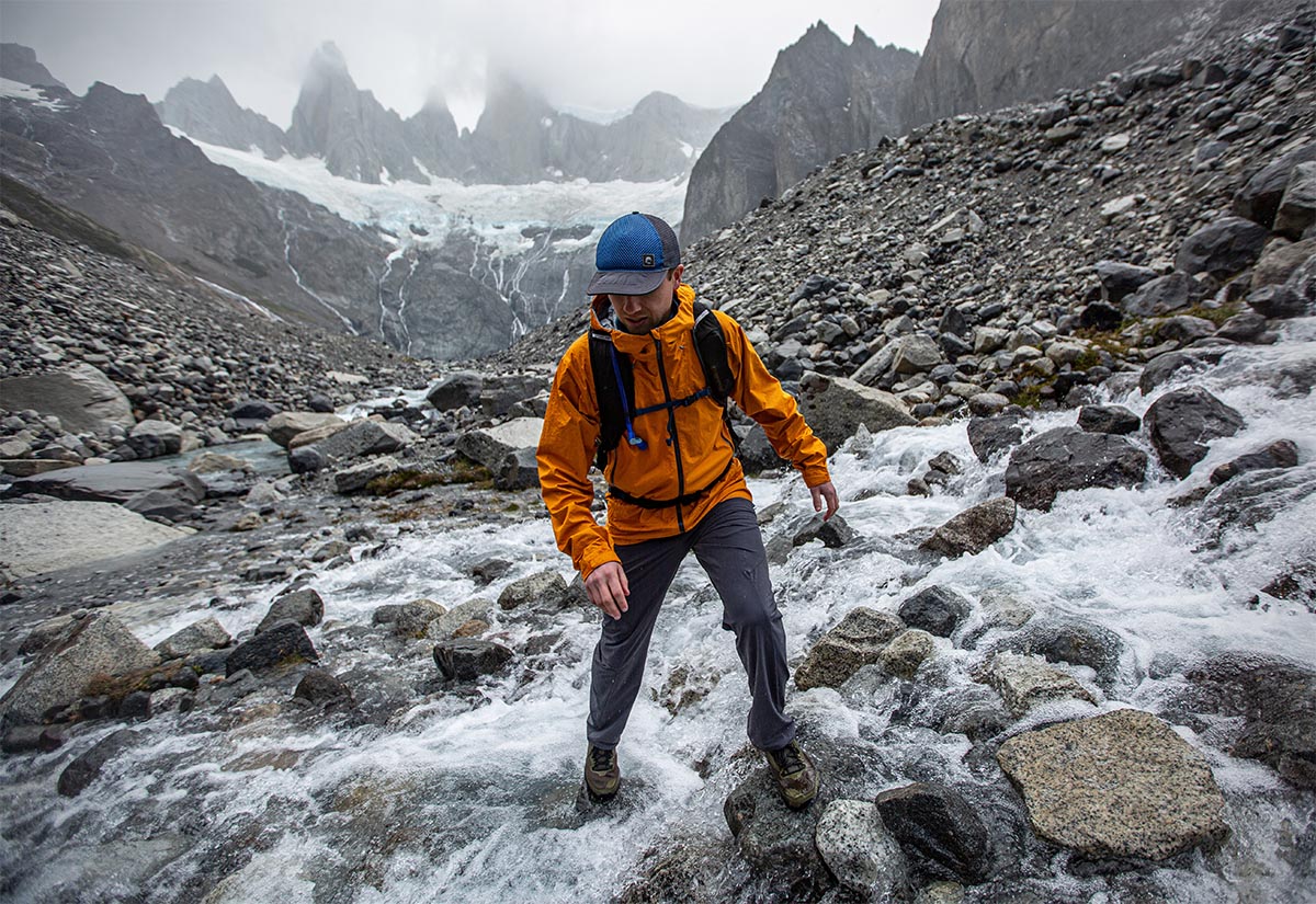Crossing a creek in the Adidas Terrex AX4 in Patagonia