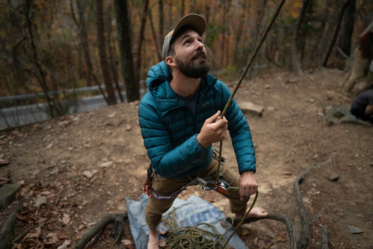 Testing the Arc'teryx Cerium Hoody while climbing in Chattanooga