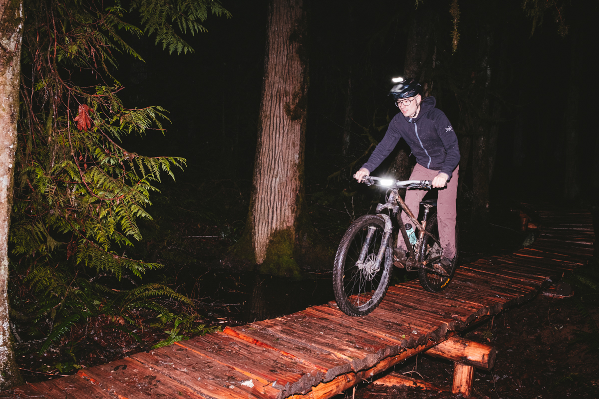 Bike lights (riding bike across bridge at night)