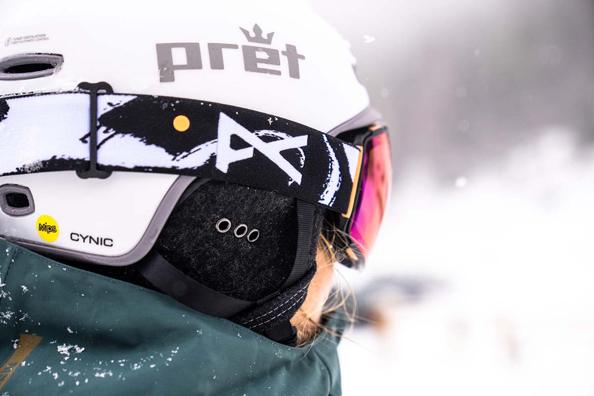 A close up of a wool liner on a ski helmet