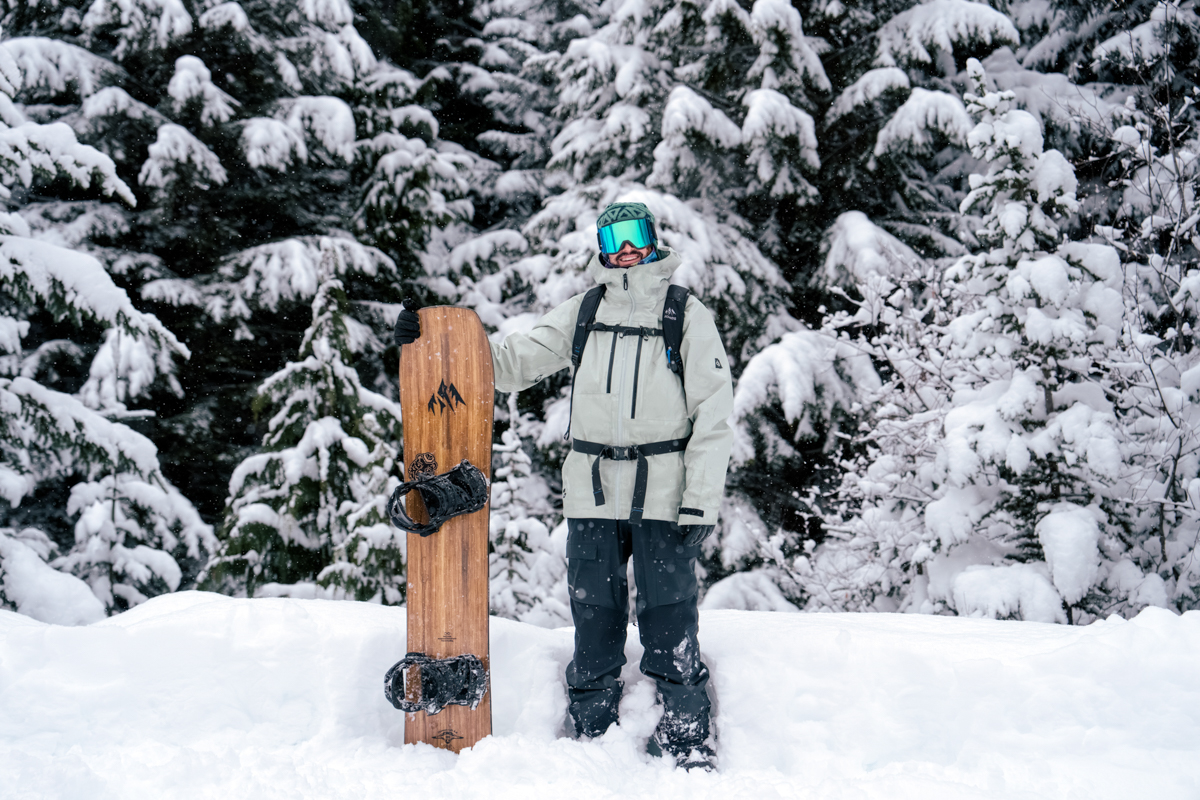 Snowboard jackets (standing in snow with board)