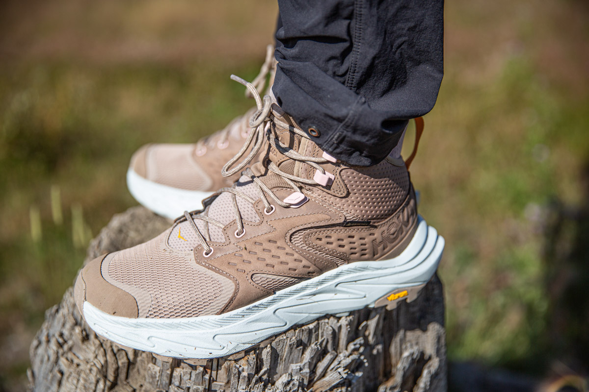 Close up of a cushy, EVA sole on a hiking boot.