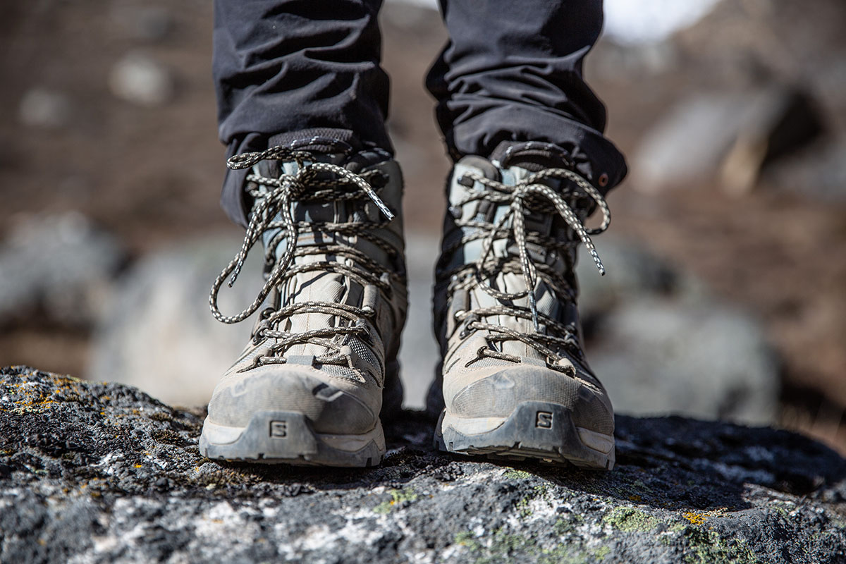The front of a pair of dark grey hiking boots