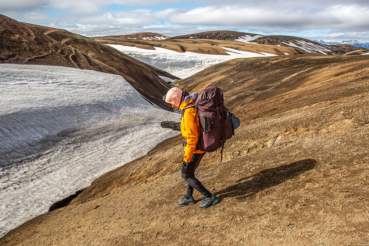AKU Rocket DFS GTX hiking shoes (hiking down toward snowfield)