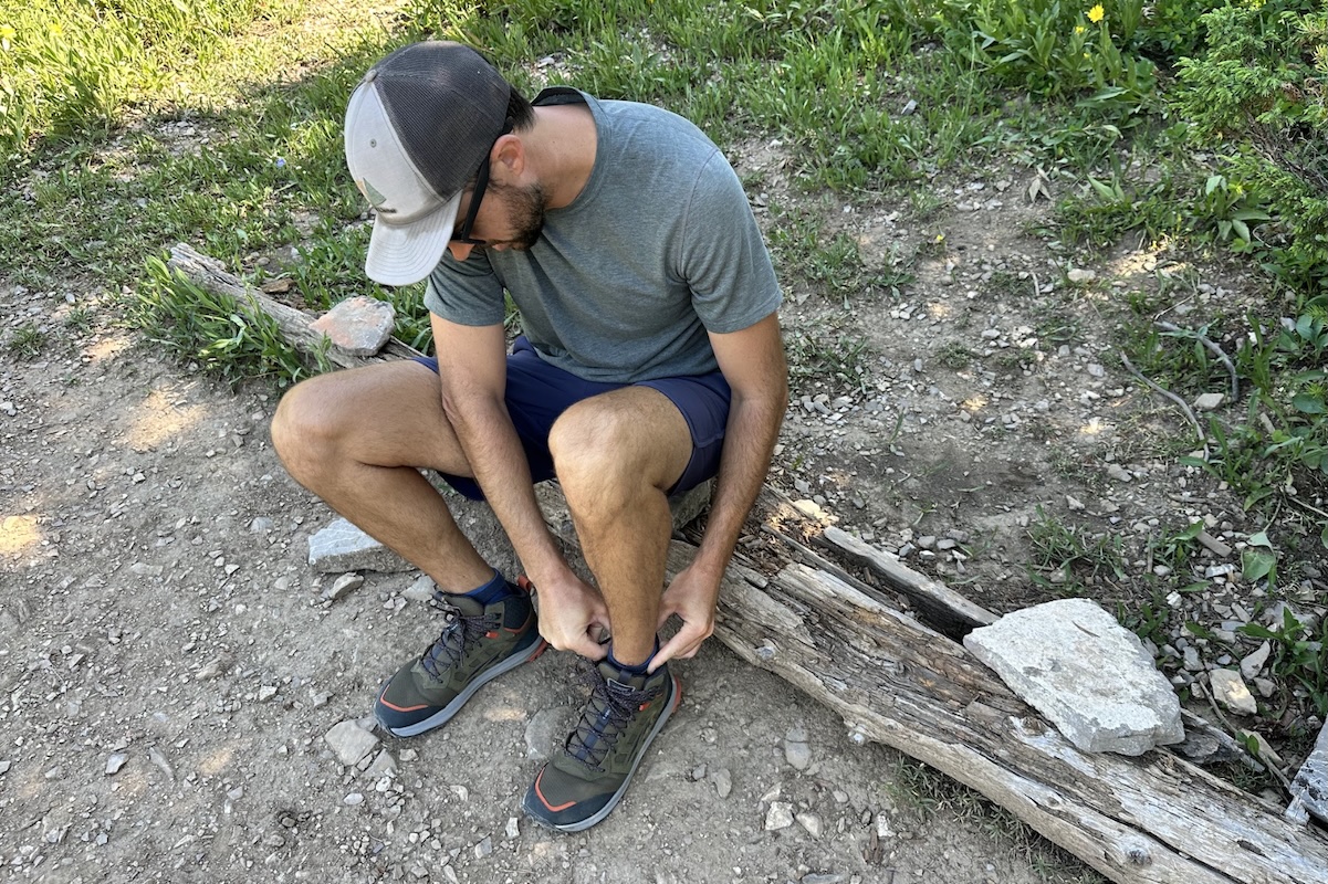 altra lone peak hiker 3 boot fit on a log