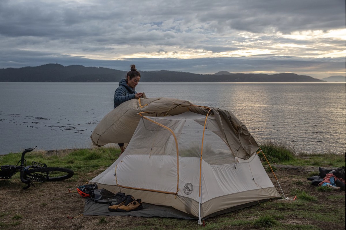 Big Agnes Tiger Wall UL2 Bikepack setting up the fly oceanside