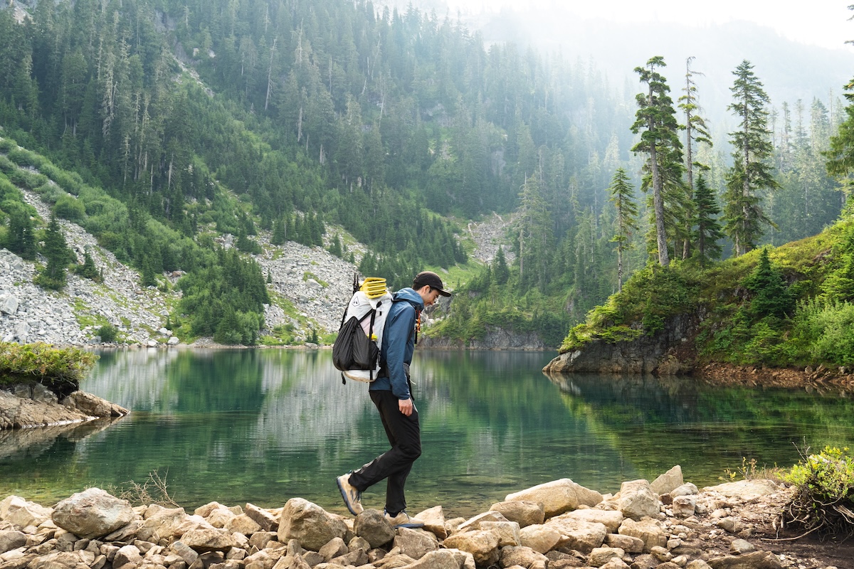 Hiking with the Southwest 55 in front of a lake