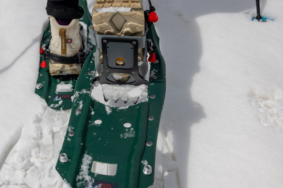 Close up of the traction on a snowshoe