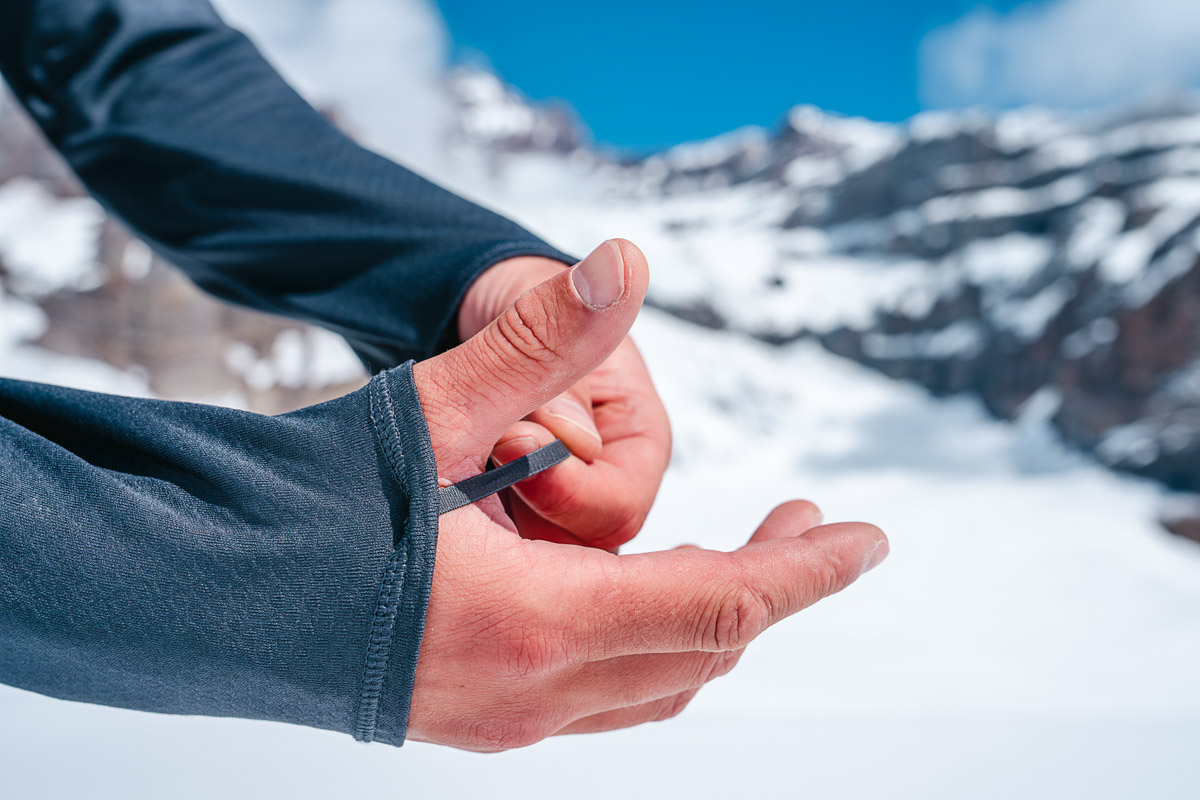 A close up of the elastic thumb loop on the Patagonia Capilene Midweight baselayer