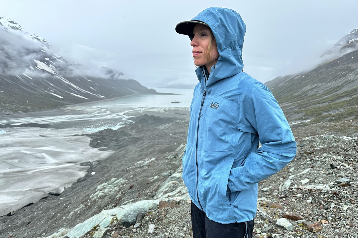 REI Co-op XeroCloud rain jacket%2C hands in pockets 