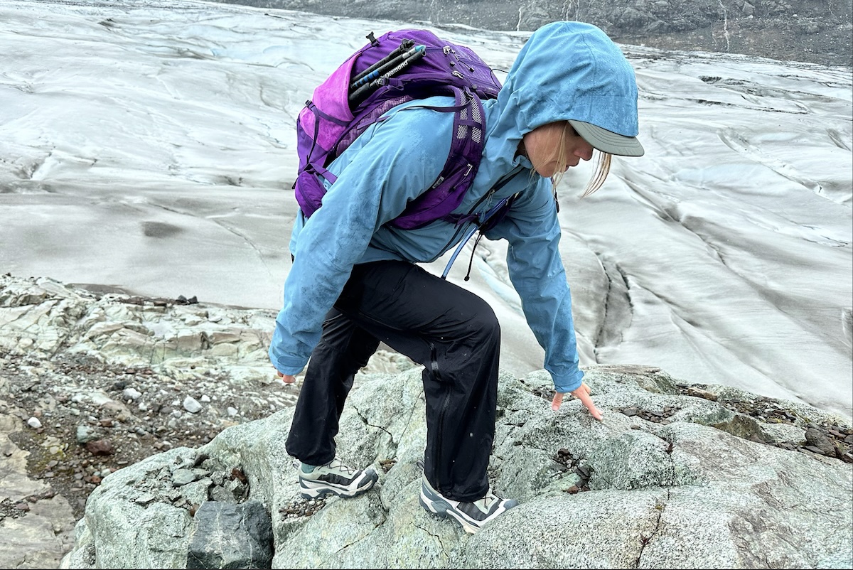 REI co-op XeroCloud rain jacket - climbing front view 