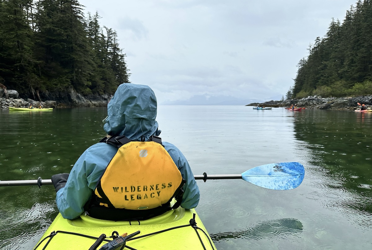 REI co-op XeroCloud rain jacket - kayaking from behind 