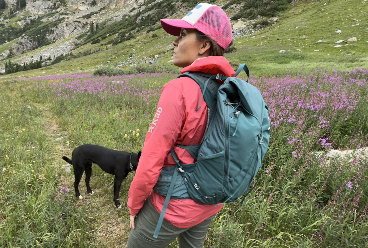 a woman in a field of wildflowers stands facing away from the camera