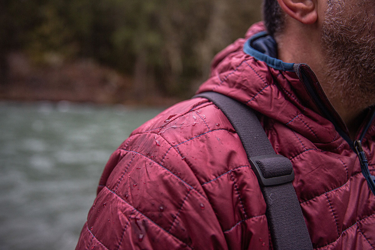 Down Fill and Insulation Explained (water beading on Patagonia Nano Puff synthetic jacket)