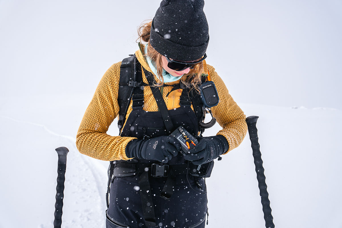 REI Member Moment Sale (wearing Patagonia R1 Air Full-Zip Hoody in snowy backcountry)