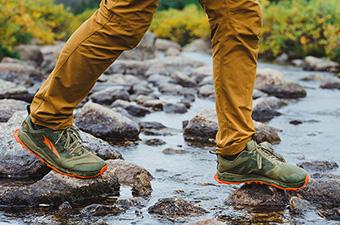 A close up of crossing a stream in the Altra Lone Peak 8 shoe